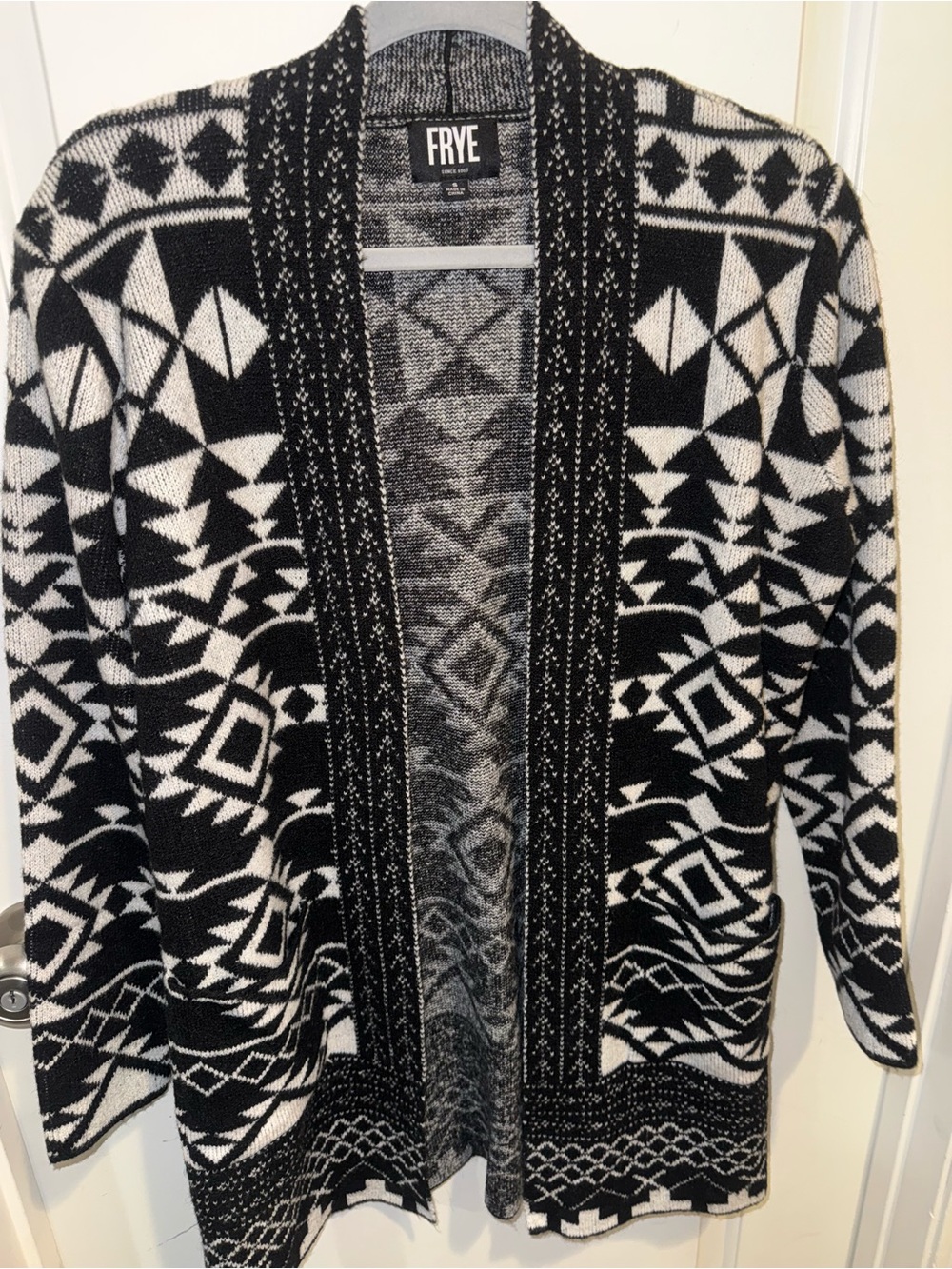 FRYE Black and White Geometric Open-Front Cardigan